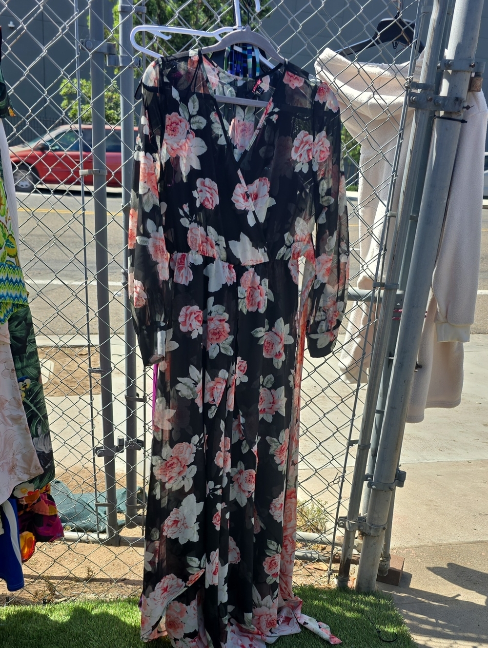 Floral Maxi Dress - Black with Pink Rose Print